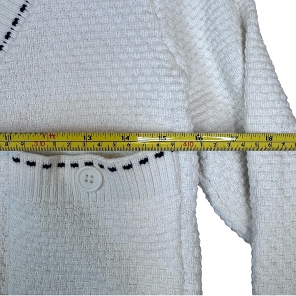 Textured White with Black Stitching Detail, V-Neck Button Up Woman’s Sweater - Picture 10 of 11
